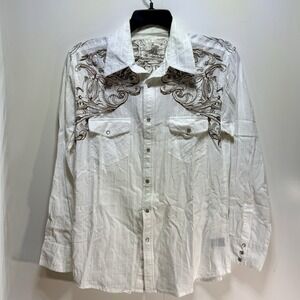 Ely 1878 Pearl Snap Shirt Long Sleeve Western Cowboy White Brown Men's Medium